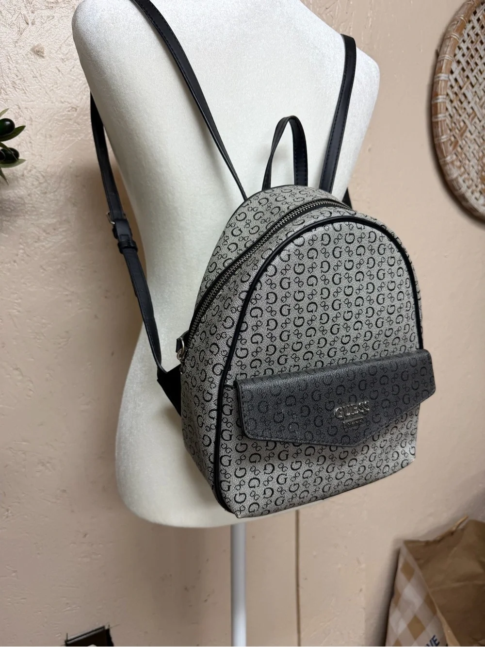 GUESS Gray Logo-Print Mini Backpack with Black Trim